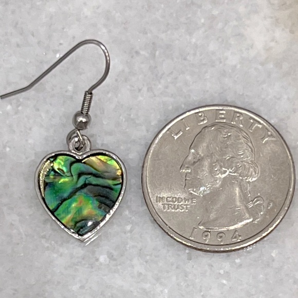 Abalone Shell Silver Heart Dangle Earrings - Picture 11 of 11
